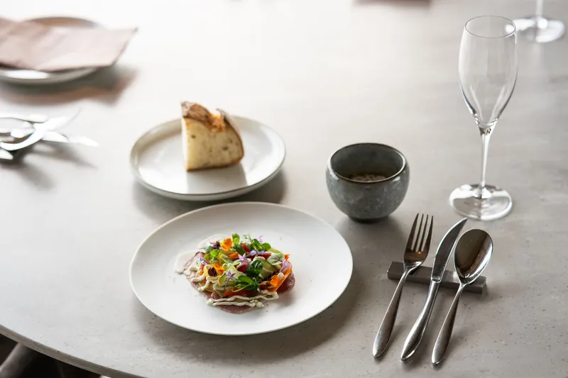 Sorgfältig angerichteter Tagesteller mit Gemüse und Sauce