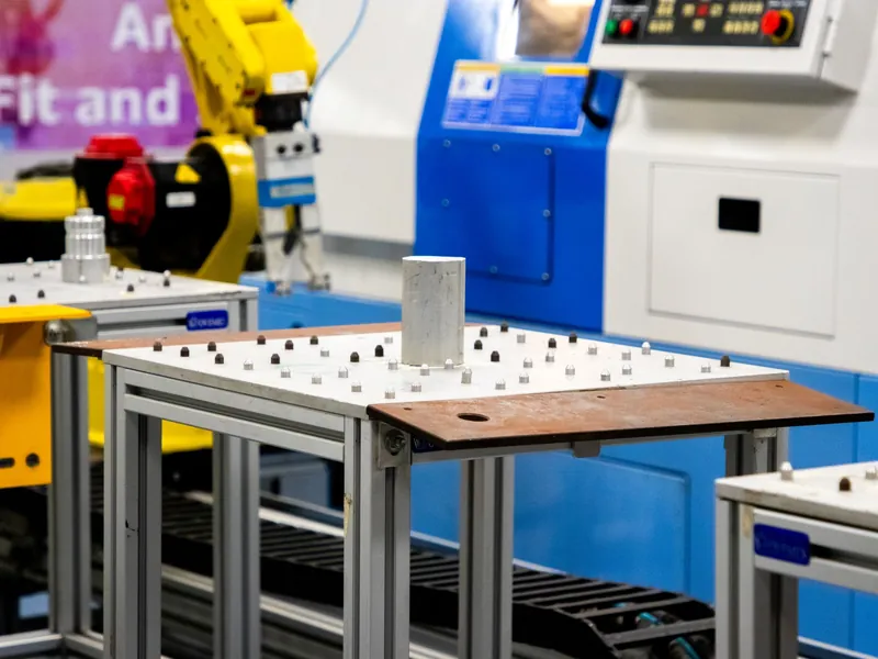 Spannvorrichtung auf einem Werkstückträger mit zahlreichen Aufnahmestiften, dahinter ein gelber Industrieroboter
